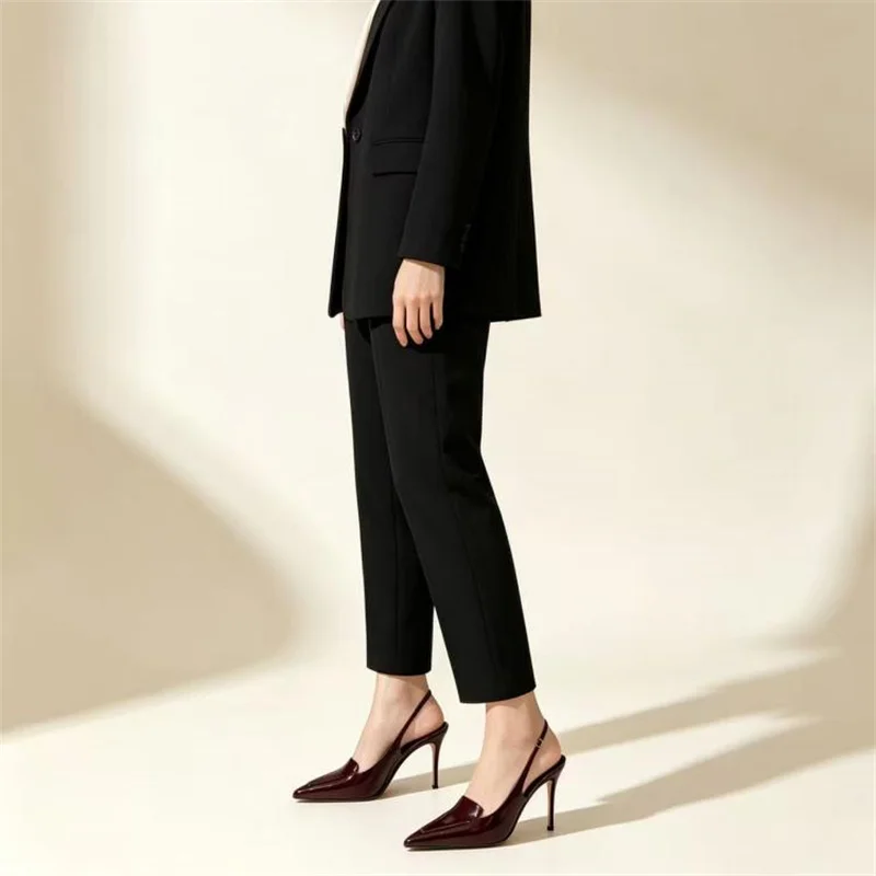Women Burgundy Patent Leather Slingback Heels Pointed Toe Stiletto Pumps Elegant Back Strap Wedding Party Office Dress Shoes view 5