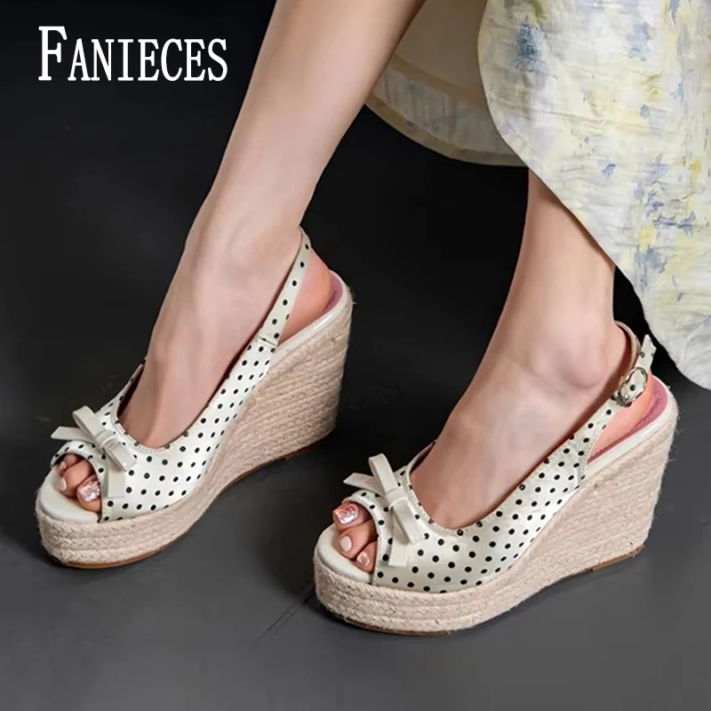 

FANIECES Designer Wedge Platform Sandals Women Summer Grass Weave Thick High Heels Shoes Sweet Polka Bowknot Y2K Party Sandalias