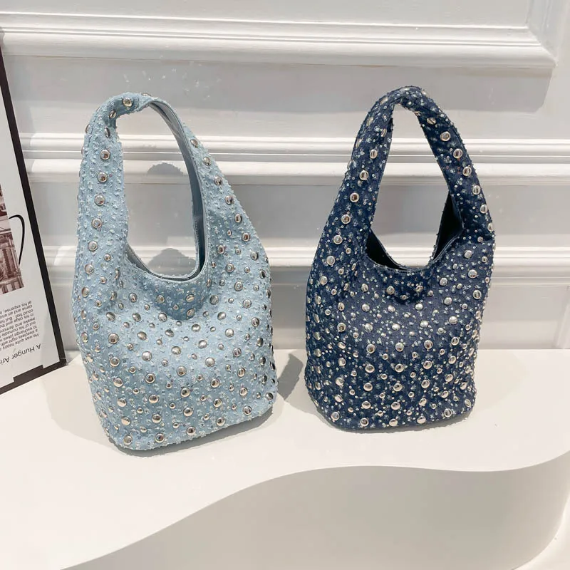 

Summer Denim Bag 2025 New Korean Version Fashion Rivet Shoulder Bag Women's Casual Hand Bucket Bag Tide