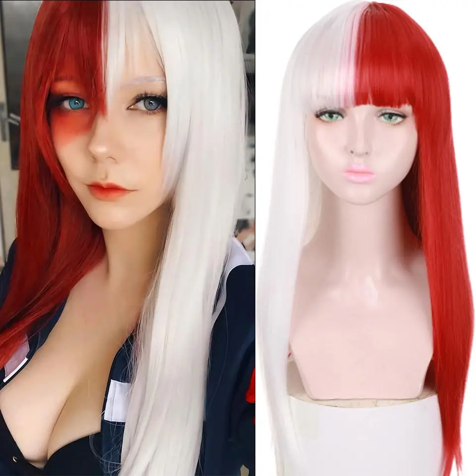 Women's long straight synthetic hair cosplay wig black linen gray white pink red two-color stitching wig heat resistance