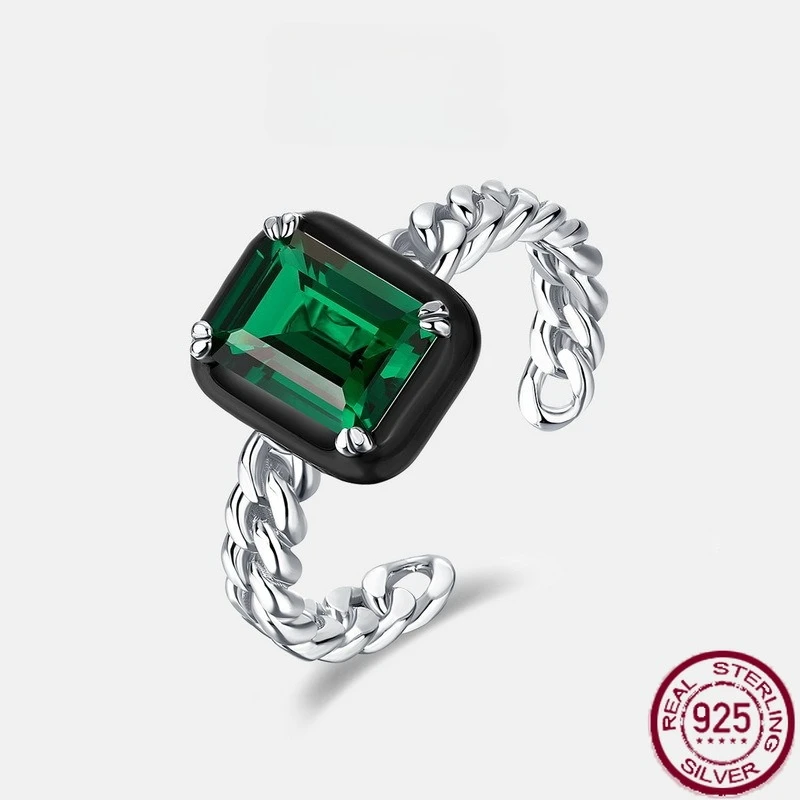

New S925 Pure Silver Green Nano Zirconia Retro Inlaid Color Diamond Enamel Craftsmanship Open Ring Wedding Jewelry