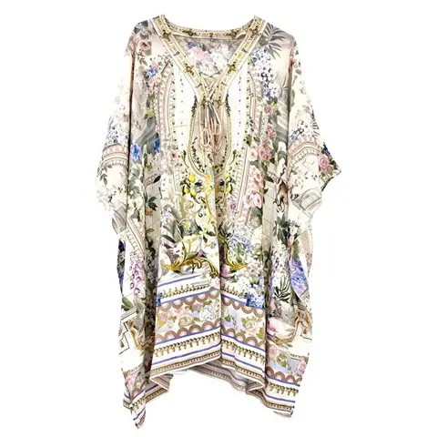 Kadın Boho Çiçek Desenli İpek Kısa Elbise V Yaka Bağcıklı Yarasa Kol Gevşek Tunik Bluz Vintage Barok Tatil Örtüsü