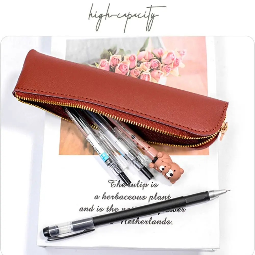Stylish Portable Simple Pen Bag Leather Compact Stationery Organizer Multi-function Elegant Stationery Storage Bag