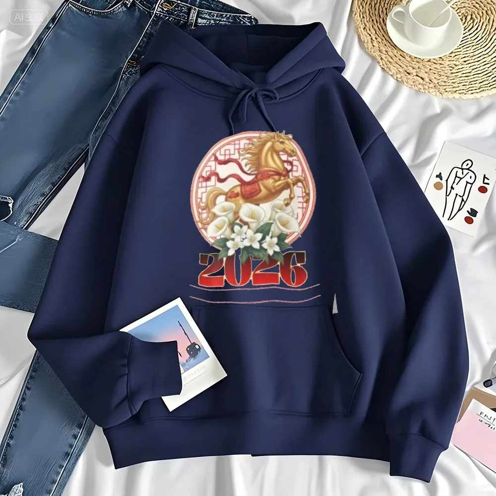 Chinese New Year Sweatshirt 2026 Year of The Horse Hoodie Happy New Year 2026 Sportswear Simple Style Women Sweatshirt