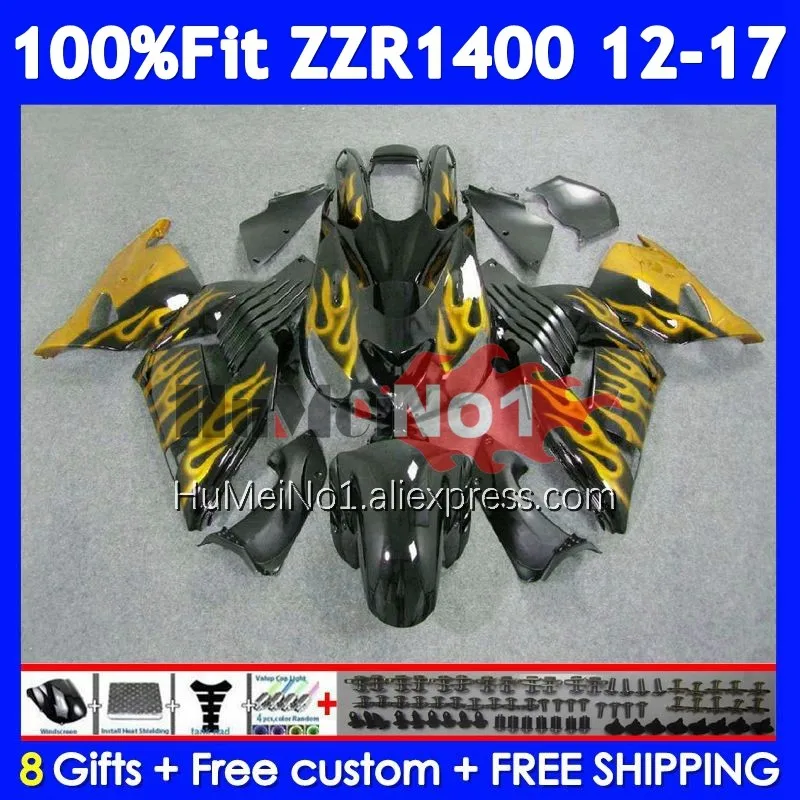 Body For KAWASAKI NINJA ZZR1400 ZZR 1400 12 13 14 15 16 17 230No.109 ZZR-1400 2012 2013 2014 2015 2016 2017 Gold Flames Fairing