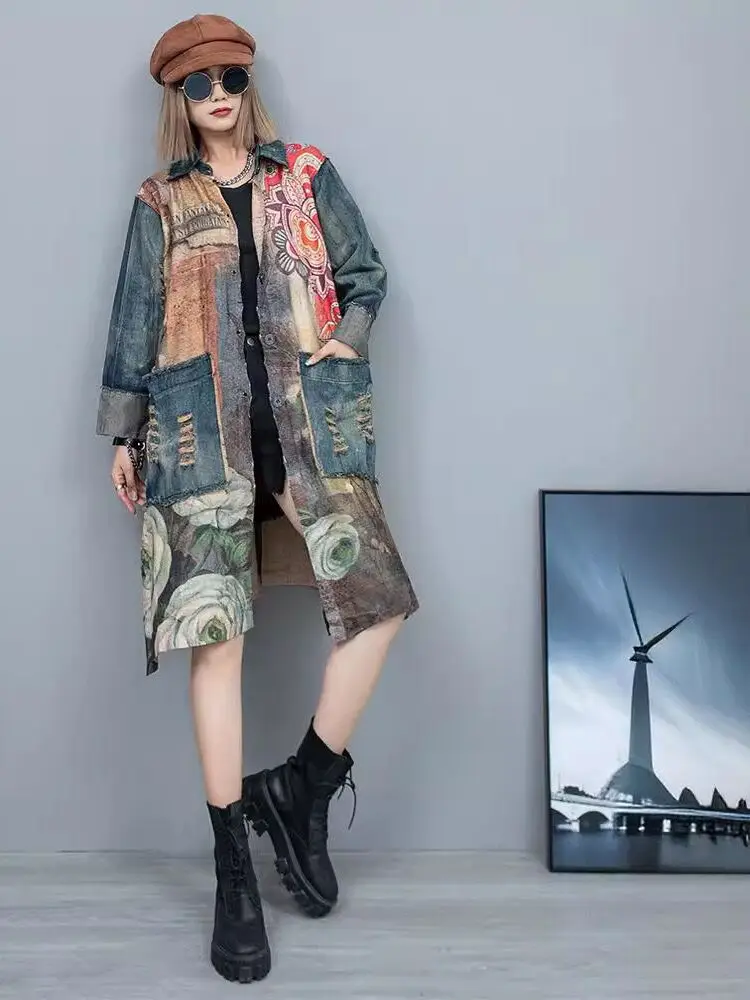 Fashionable Versatile Colorful Printed Patchwork Distressed Denim Jacket Women Lapels Cardigan Side Straps Medium Length LX1711