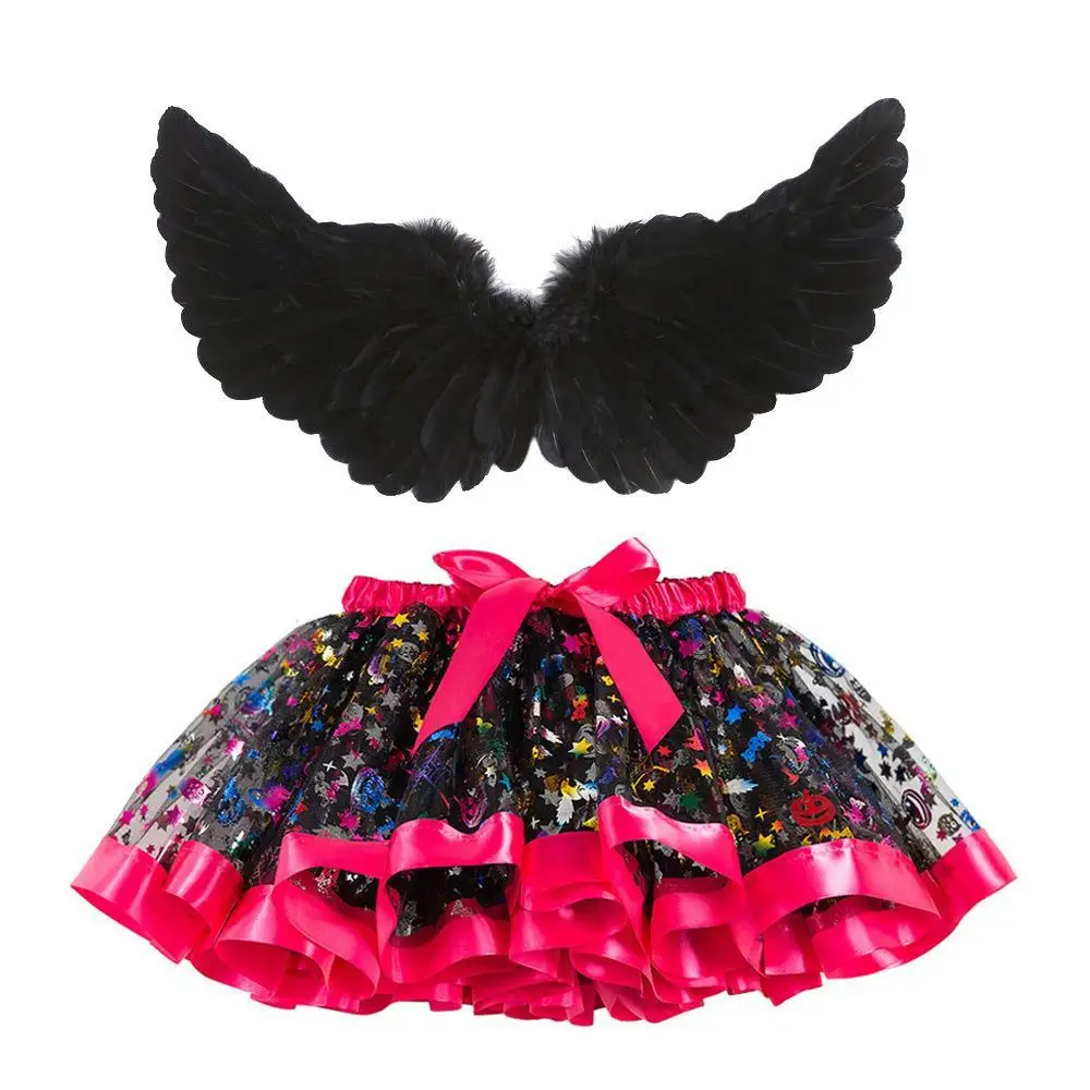 Halloween Kinder Tule Rok met Veren Vleugels Print Netto f Rok Bla Tweedelige Set Cartoon PU Materiaal Lente seizoen