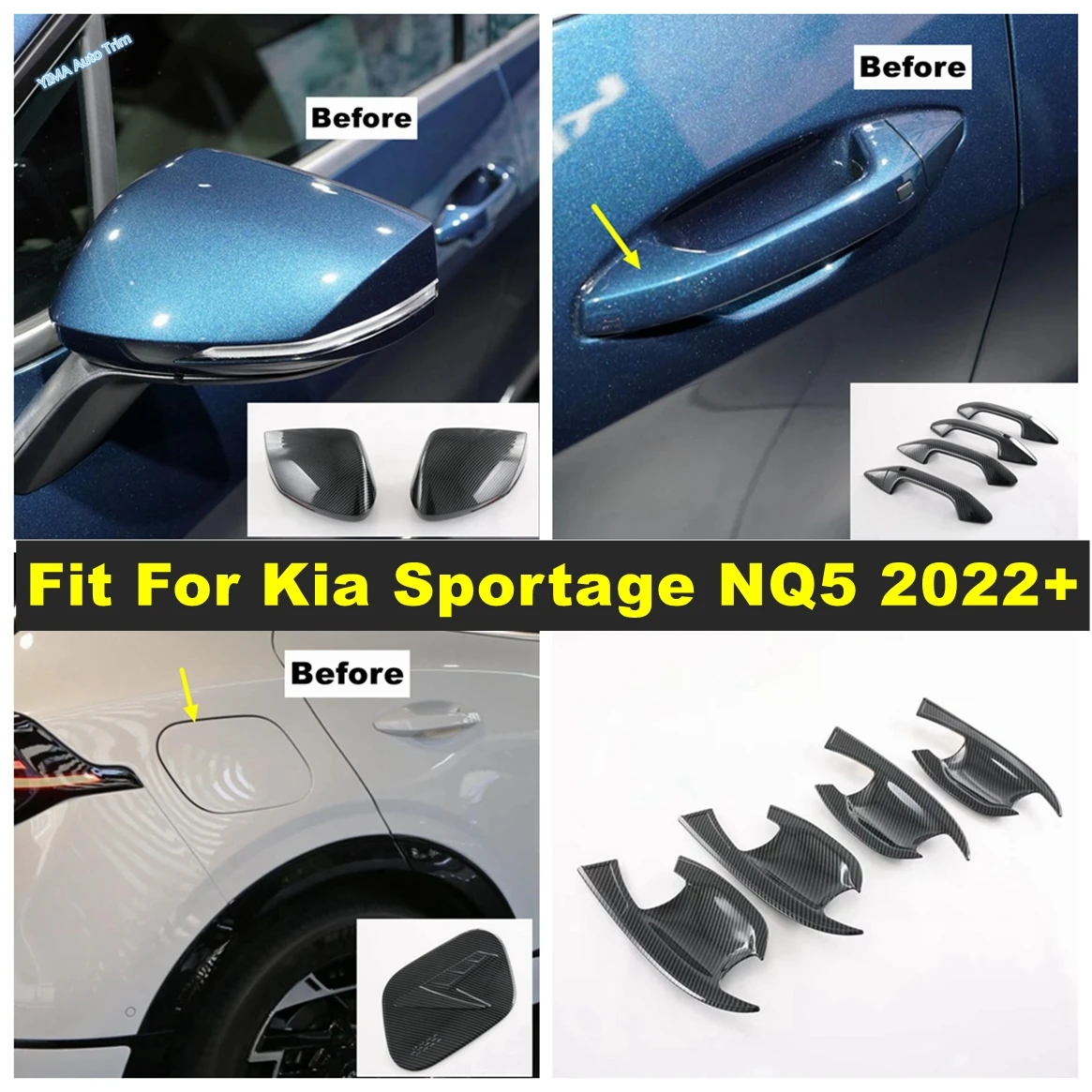 

For Kia Sportage NQ5 2022 2023 2024 ABS Auto Oil Gas Tank Cap / Rearview Mirror / Door Bowl Cover Trim Carbon Fiber Accessories