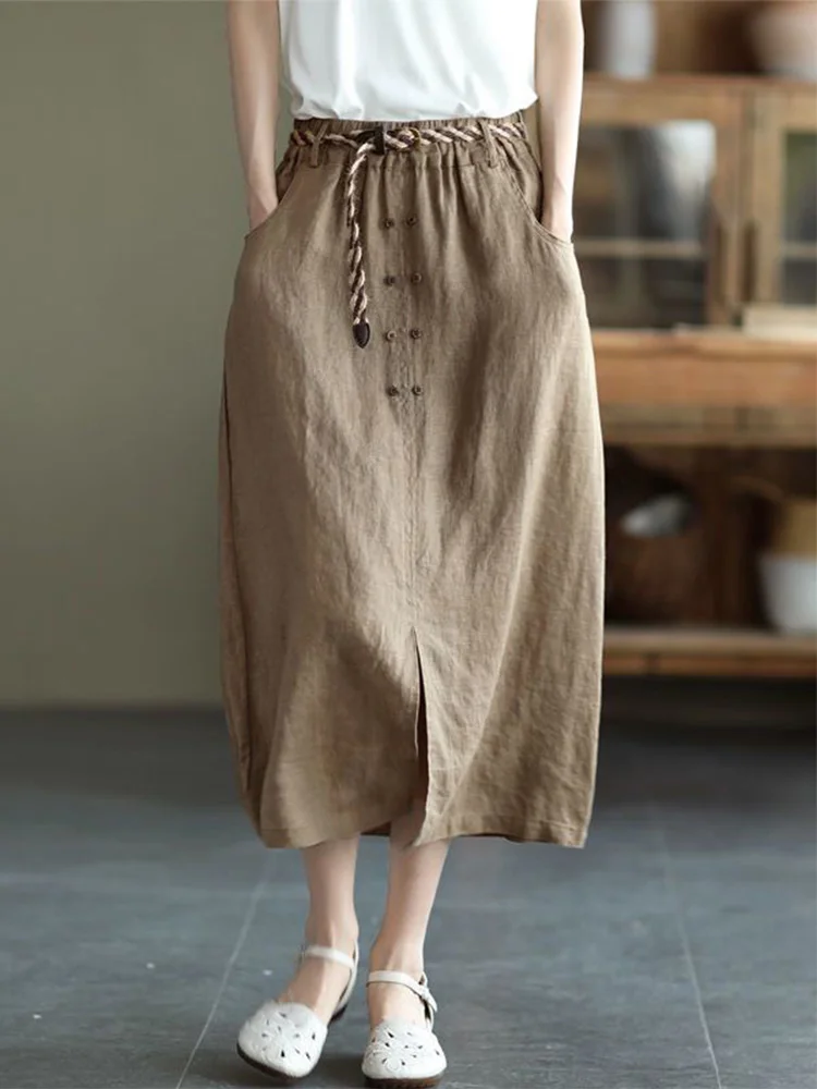 

Высококачественная брендовая женская юбка-миди трапециевидной формы, хлопково-льняные юбки в стиле ретро, юбки средней длины для поездок на работу, с высокой талией, чистый цвет