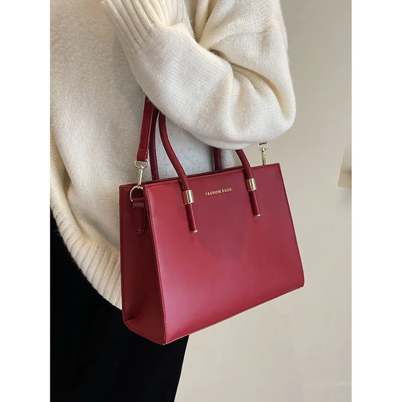 Red High-end Texture Tote Bag Temperament Portable Shoulder Crossbody Bag Women 2024 Spring New Large Capacity Casual Square Bag