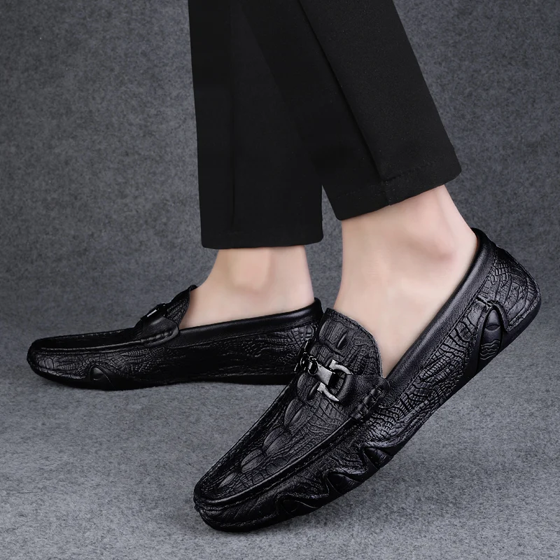 

Итальянская обувь ручной работы, черные деловые туфли из натуральной кожи, повседневные лоферы, мужские модные мокасины в клетку с крокодиловым узором
