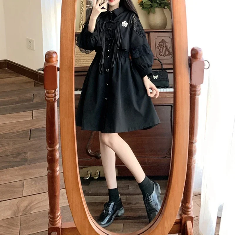 Hikigawa Autumn Turn Down Collar Fake Two Piece Women Dress Casual All Match Black Dresses Chic Fashion Elegant Vestido De Mujer