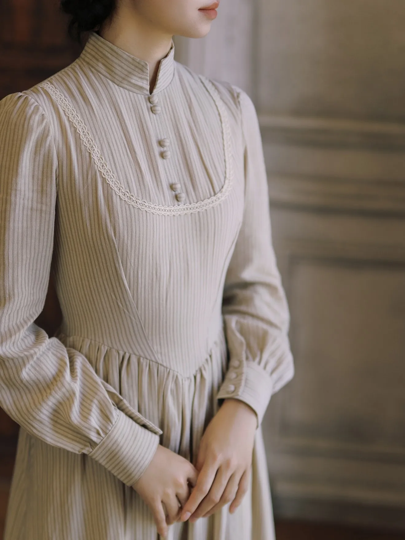 TIYIHAILEY Spring Autumn Women Striped Beige Dress Full Sleeve Long Maxi Ramie Ladies S-XL Vintage High Waist 2026 Stand Collar