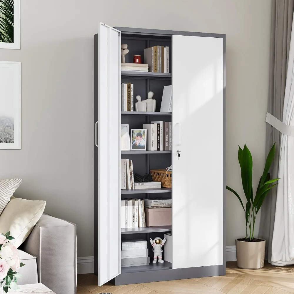 ตู้เก็บของโลหะสูง 71 นิ้ว พร้อมชั้นวางปรับระดับได้และประตูล็อคได้ สำหรับใช้ในโรงรถ สำนักงาน และบ้าน