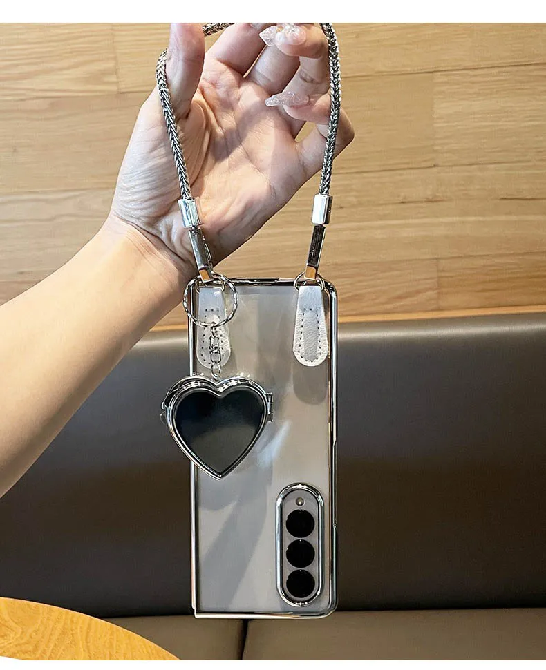 

Luxury Korean Mirror Heart Mirror Bracelet Phone Case for Samsung Galaxy Z Fold 5 6 Z Fold 7 Z fold 4 3 5G Solid Color Cover