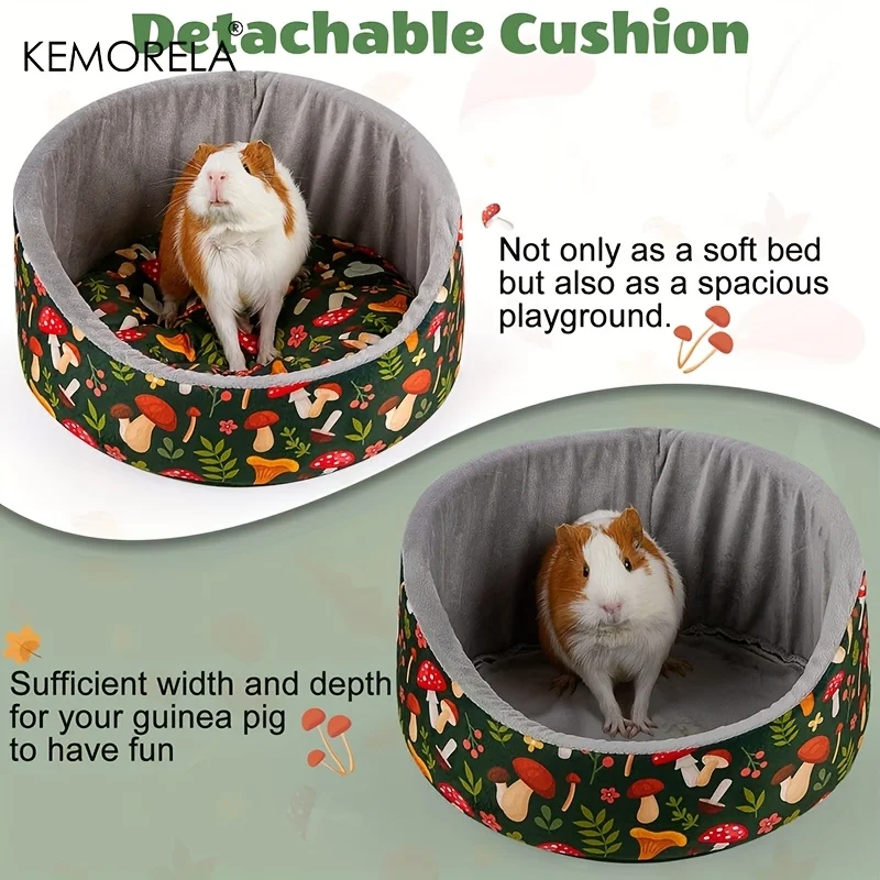 KEMORELA Cozy Guinea Pig Bed Soft Washable Small Pet Cuddle Bed with Thick Removable Pad Dark Green Mushroom Leaf Pattern