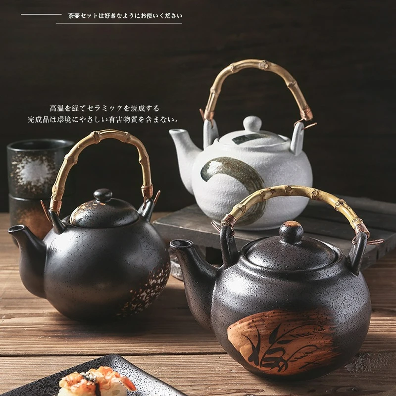 

Japanese Ceramic Teapot with Rattan Handle Hand-Painted Design for Restaurant Cafe Dining Table Home decor