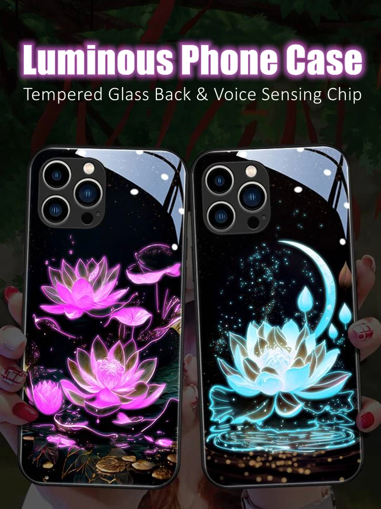 

Fashion Lotus LED Light Glowing Luminous Tempered Glass Back Phone Case for Samsung S24 S22 S23 Note 10 20 A14 A73 Plus Ultra