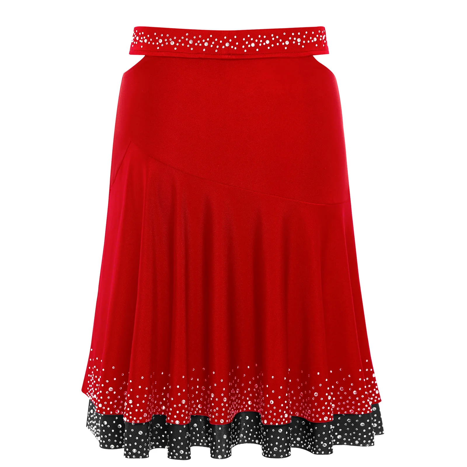 Women Jazz Latin Dance Costume Dancing Skirts Modern Ballet Dancewear Rhinestones Color Contrast Waist Sides Cut Ruffled Skirt