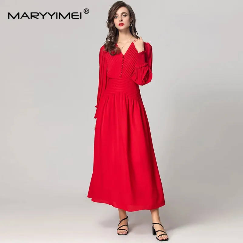 MARYYIMEI Women's Elegant Streetwear Dress V-Neck Lantern Sleeved Beading Autumn and Winter New style Red Dresses