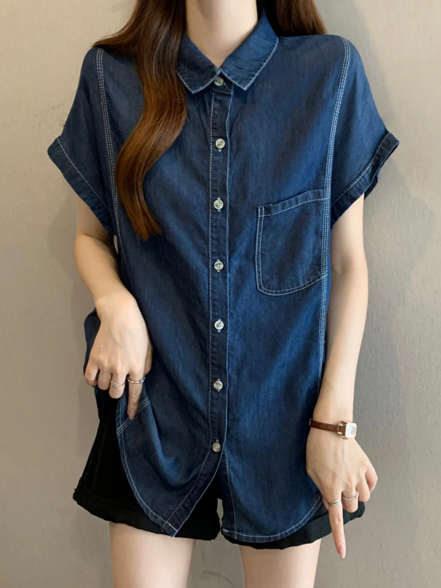

Blue Vintage Short Sleeve Denim Shirt Women Summer Loose Belly Covering Anti-Aging Collar Top Korean Style Commute Wind