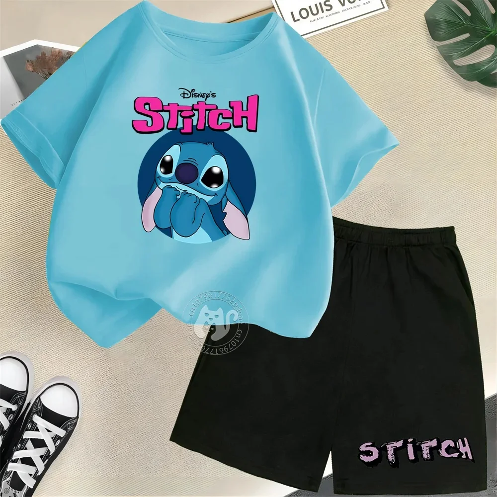 

Летний комплект 2026: шорты и футболка с коротким рукавом для детей, 100% хлопок Disney, с изображением Стича, для мальчиков и девочек, возраст 3-12 лет