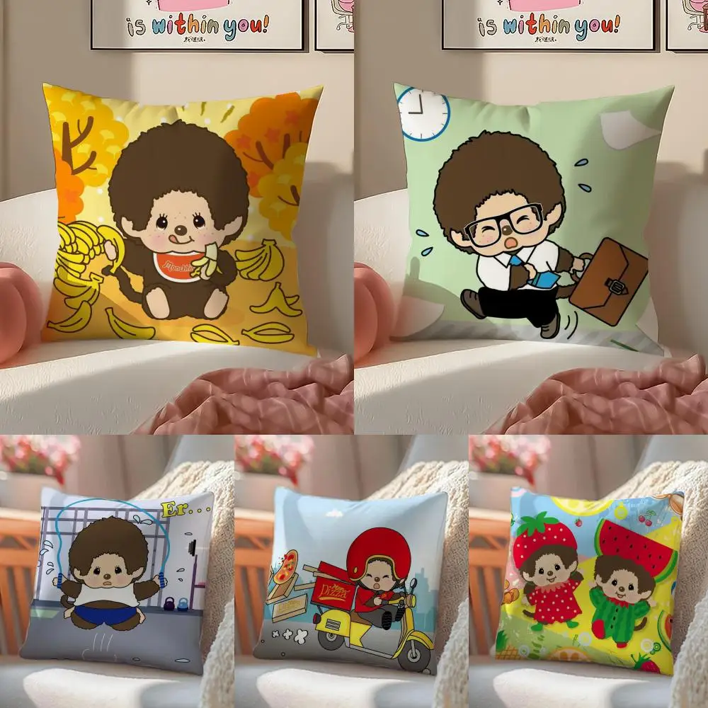 Cartoon M-Monchhichis Kissenbezug, Leinen-Kissenbezug, weiche Dekoration für Sofa, Zuhause, Zimmer
