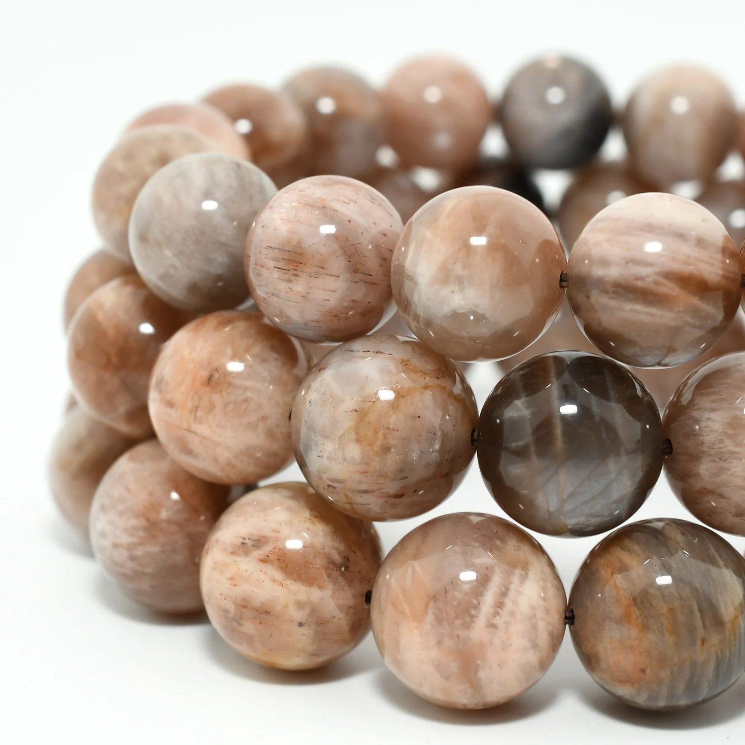 Natural Brown Moonstone + Sunstone Loose Round Beads Bracelet 10mm-10.5mm / 11mm-11.5mm