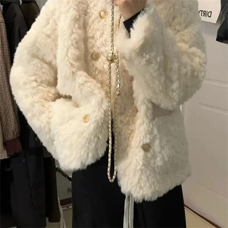 Xiaoxiangfeng-Manteau en poil de lapin brossé pour femme, haut en laine de coton, cardigan chaud pour femme, hiver, nouveau, 2024