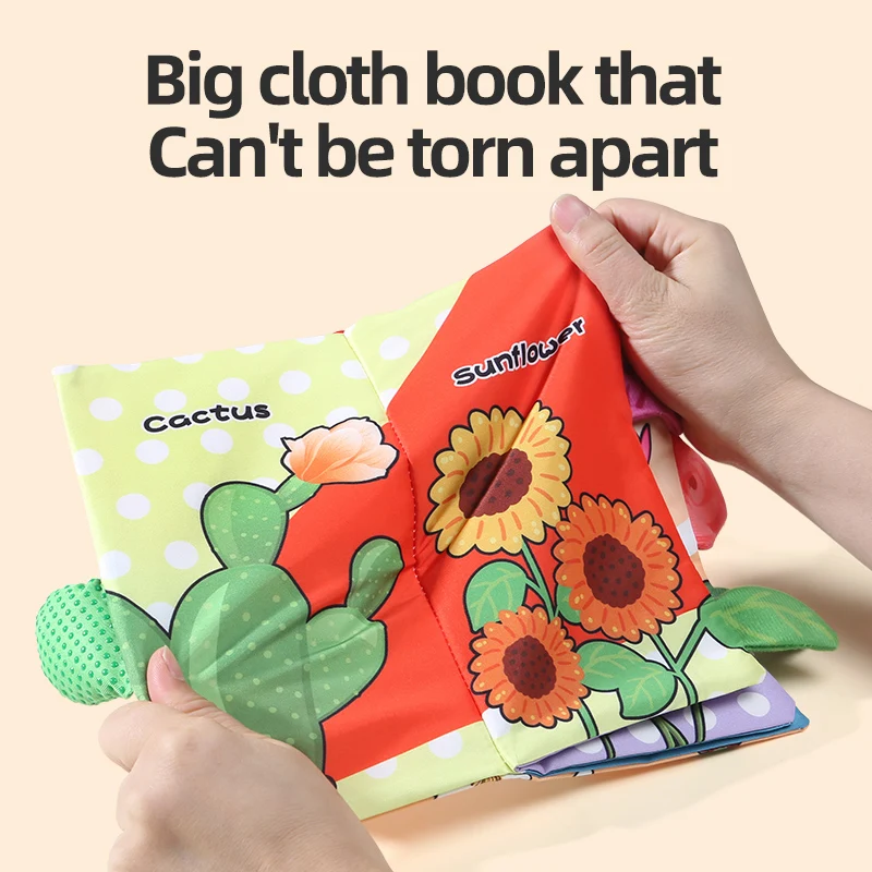 Baby-Stoffbuch, Puzzle-Spielzeug, frühe Bildung, Aufklärung, Kognition, waschbar und langlebig, 4-seitige Blumenserie, Geschenke für Neugeborene