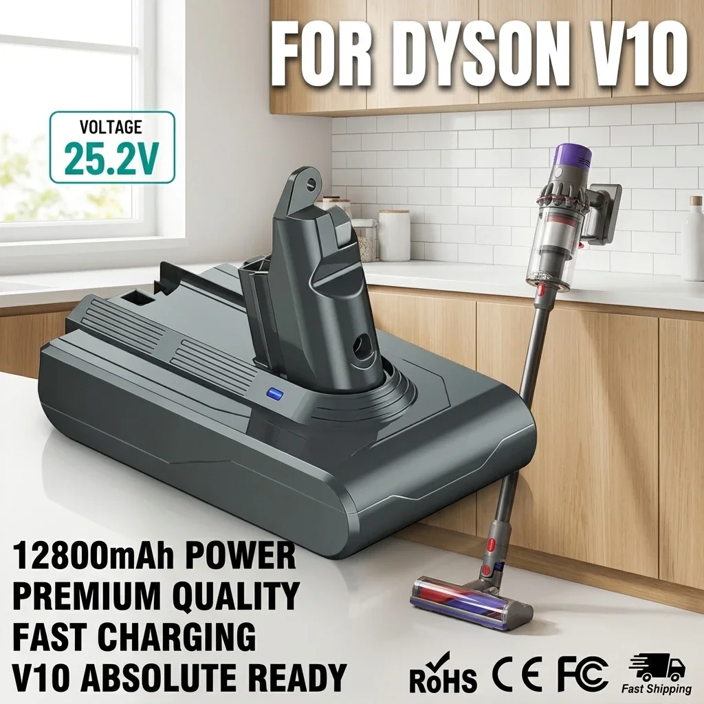 Batteria di ricambio V10 agli ioni di litio 25,2V 12800mAh, per aspirapolvere Dyson V10 RH-10 SV12, pacco batteria 7-CELL (206340) SV14 7INR21/70