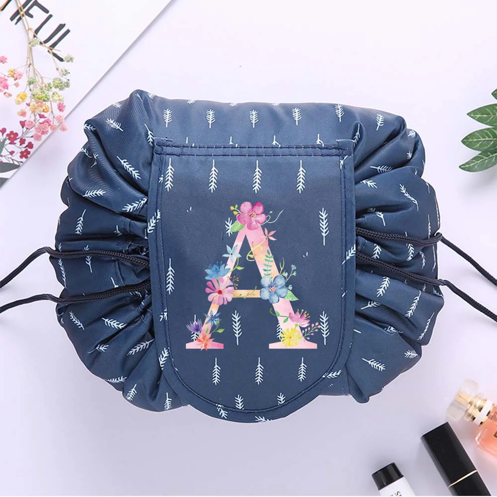 Bolsa de cosméticos para mujer, bolsa de maquillaje con cordón, bolsa de almacenamiento de cosméticos, serie de letras rosas, bolsa organizadora de belleza y artículos de tocador impermeable