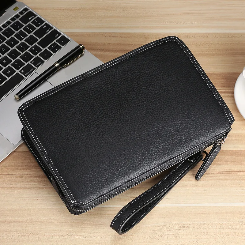 Men Genuine Leather Clutch Bag Handbag Man Black Zipper Business Clutch Pouch Card Holder Long Wallet Money Clip