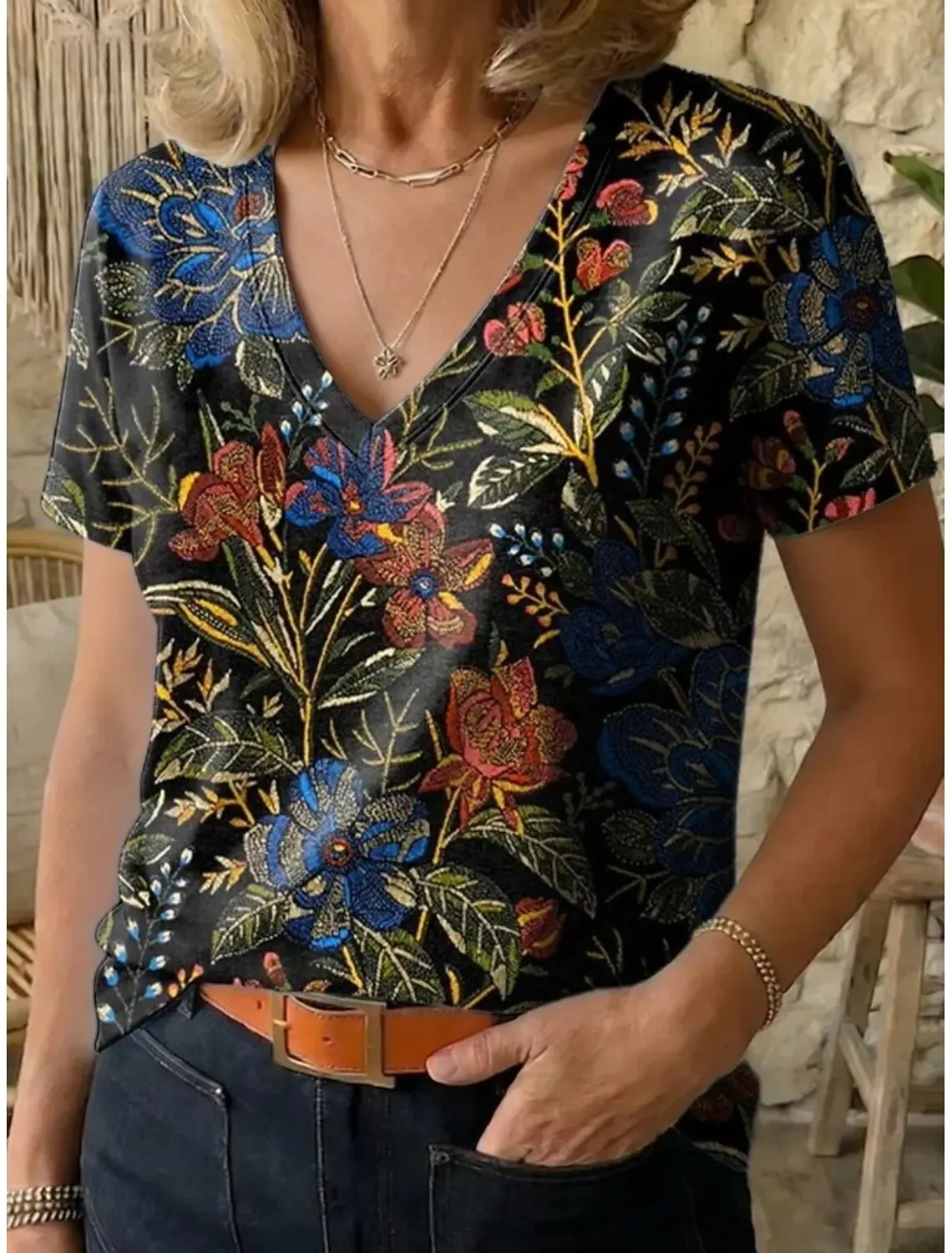 Women's Vintage Stylish Casual V Neck Short Sleeve T-Shirt Floral Plants Graphic Print Regular Fit Daily Weekend Top for Summer