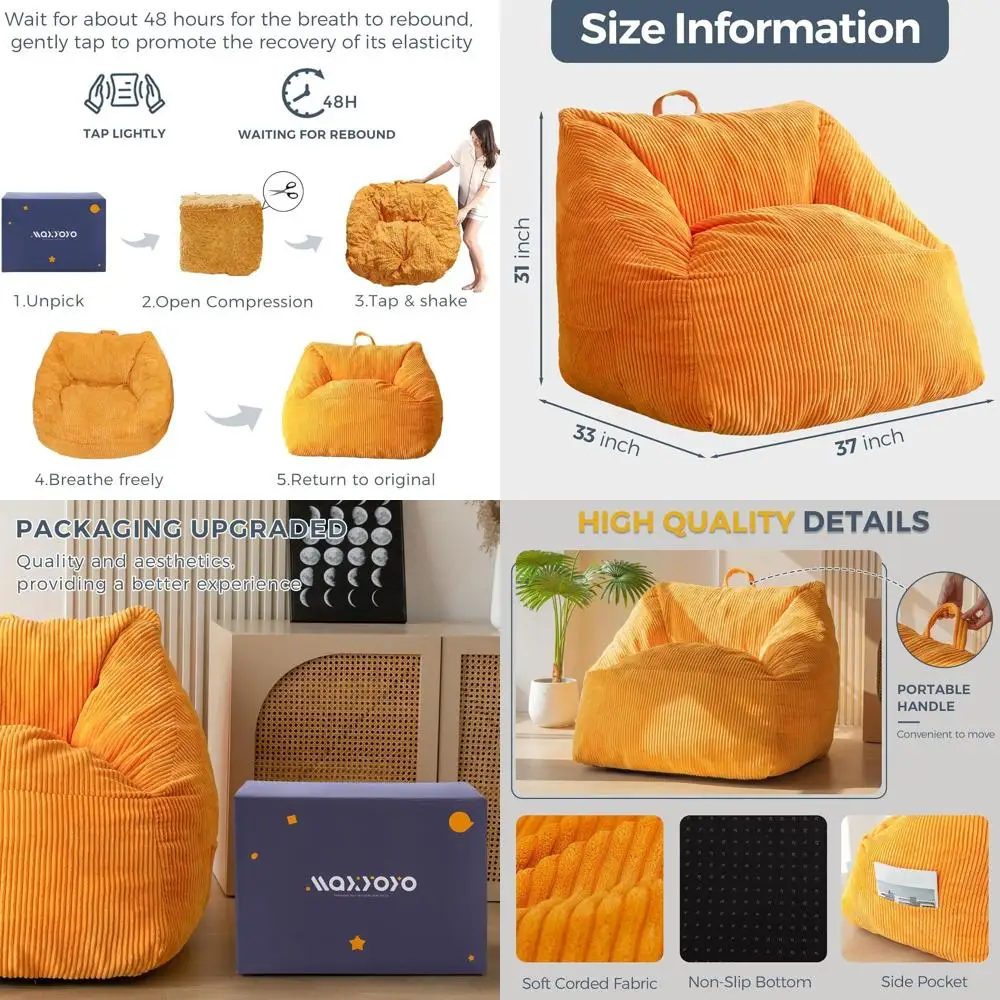 Comfortable Bean Bag Chair with Handle, Suitable for Adults, Kids, and Teens, Ideal for Living Room, Gaming, Reading, and Relaxi