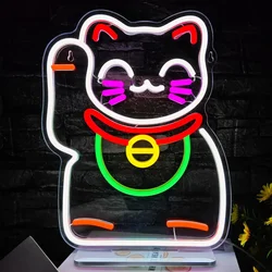 Lucky Cat Neon Sign LED Neon Light For Wall Decor Light Up Sign For Business Shop Restaurant Home Kitchen Dining Room Wall Decor