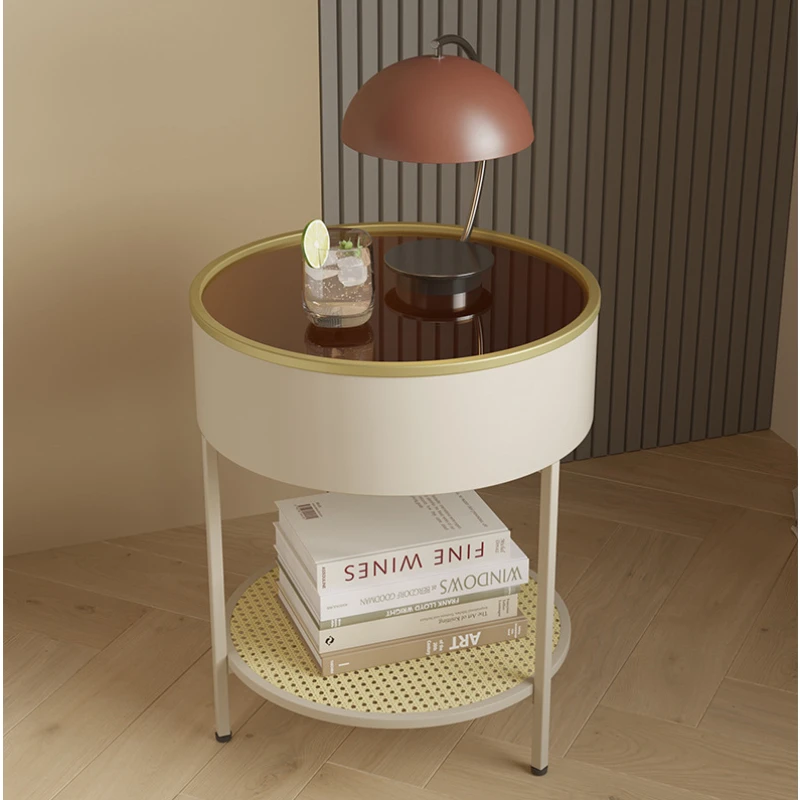 Italian Bedside Table, Round Glass Coffee Table, Baking Process Desk, 2-Layer Storage Side Table, Practical Coffee Table