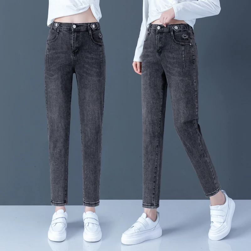 

Smoke Grey High Waist Straight Leg Casual Jeans Women's Spring Autumn New Style Loose Harlan Pants Cotton Stretch Denim