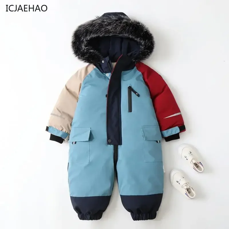 2025 Children Jumpsuits Thick Warm for Boys Baby Coat Winter Patchwork Color Hooded Baby Girl Romper Skiing Clothing