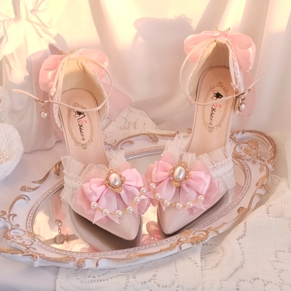 

Розовые женские туфли ручной работы в стиле Лолиты, элегантные босоножки на высоком каблуке с острым носком и жемчугом, туфли-лодочки на высоком каблуке 5-8 см, оригинальные туфли-лодочки