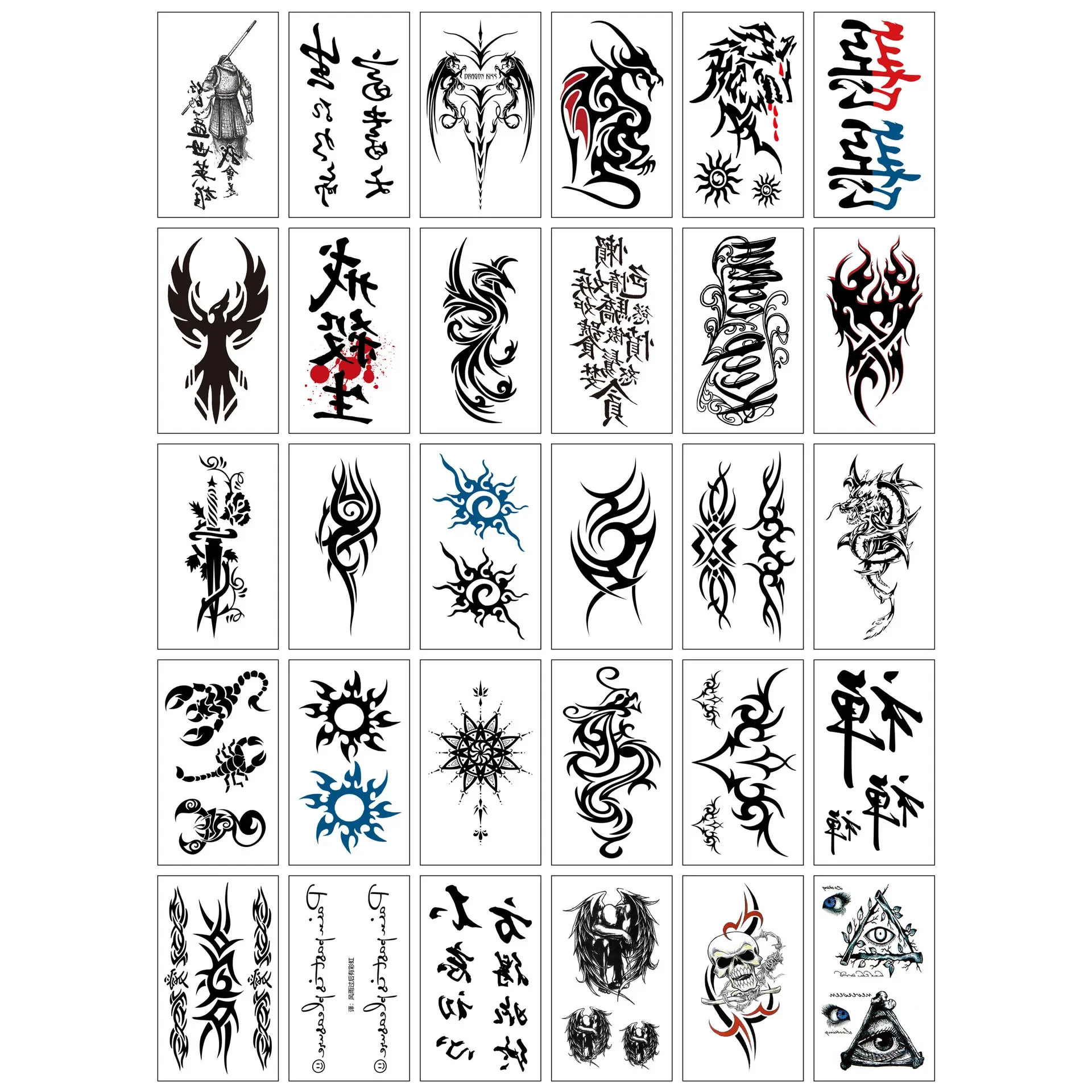 30pcs/set Totem Tattoo Sticker Waterproof Chinese Letter Eye Cool Fake Tattoos Adhesive for Men Boys Shoulder Hand Arm Abdomen