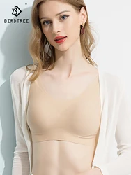 Birdtree,Lining 89% Silk 11% Spandex Bra Women Sport Removable Pads Lace Wire Free Seamless Bralette Linerie Underwear U35691C