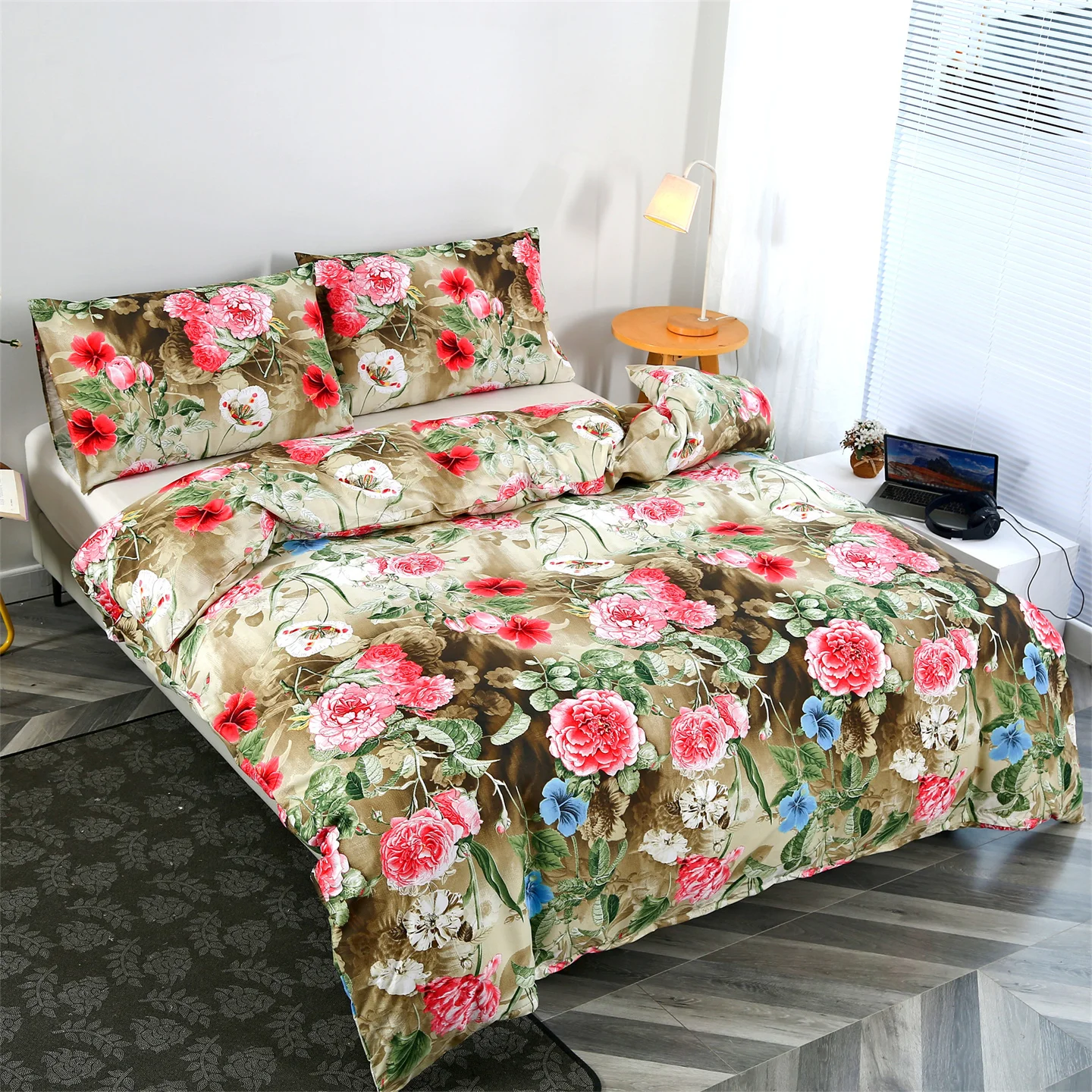 Vintage Floral Duvet Cover Set Queen Size Peony Bedding Sets Leaves Print Breathable Soft Comforter Covers Sets for All Season