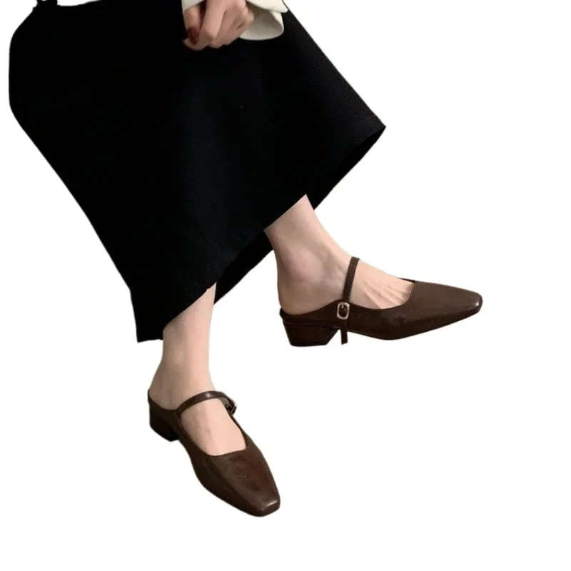 2026 Fahion Women's French Style Chunky Heel Open-Toe Half-Slip Shoes with Hidden Lift Summer Wear Silver Single Shoes Sandals