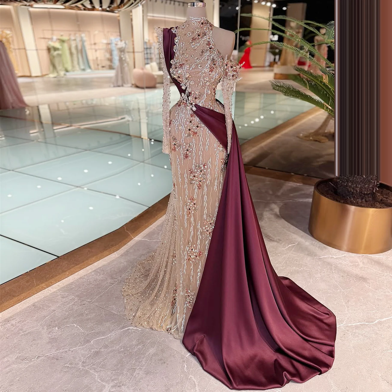 

Gorgeous Crystal Lace Evening Dress With Train Off-The-Shoulder Mermaid Gown Customizable Party Gown Wedding Party Dress