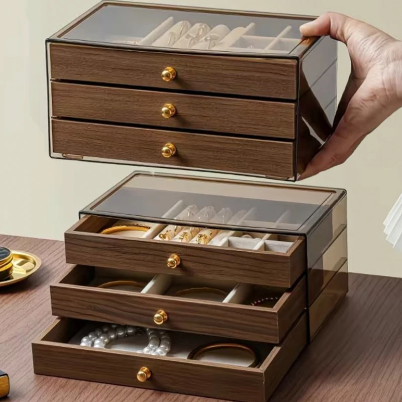 

Three-layer Wooden Jewelry Box Transparent Window Rings Necklace Bracelet Earrings Jewelry Storage Case Large Capacity Organizer