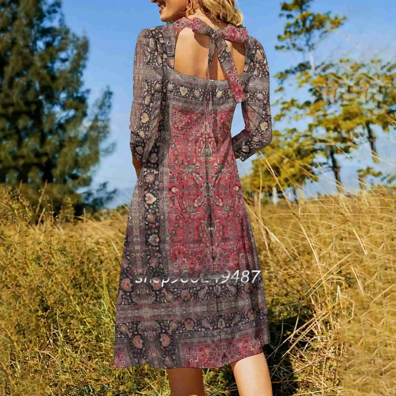 Antique Persian Red Rug Evening Party Dresses Midi Sexy Dress Female Sweet One Piece Dress Korean Persian Rug Red Rug Red