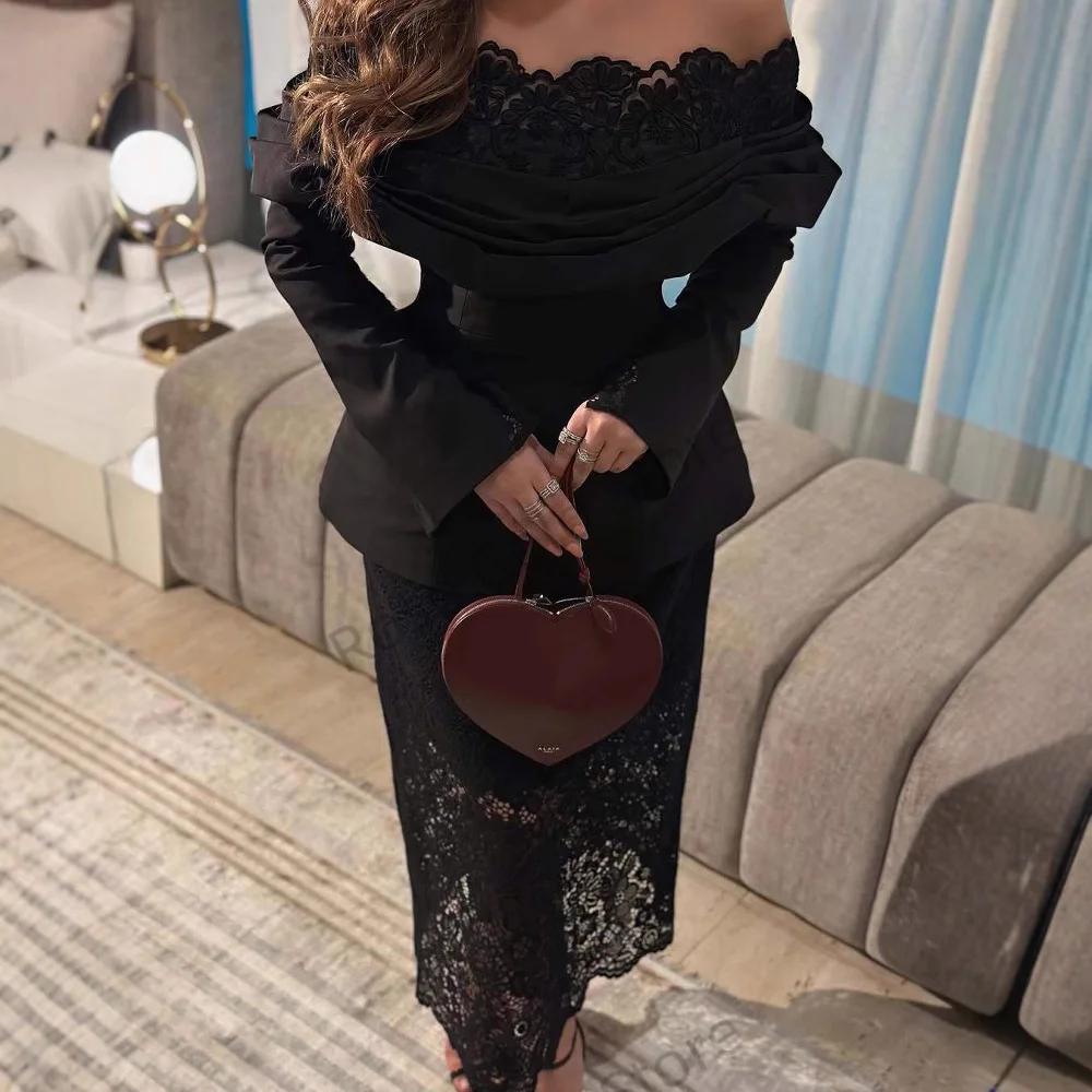 فستان سهرة أنيق بحورية البحر باللون الأسود بدون أكتاف من الدانتيل وأكمام طويلة رداء de Fiesta طويل للنساء العربيات للحفلات الراقصة