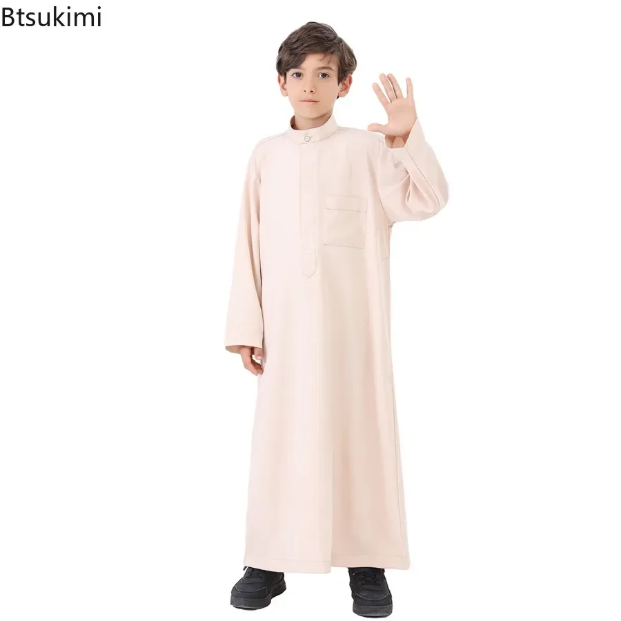 Muslim Kids Clothing Boys Fashion Solid Long Sleeve Kaftan Robes Arab Islamic Caftan Thobe Pakistan Moroccan Abayas Long Dress