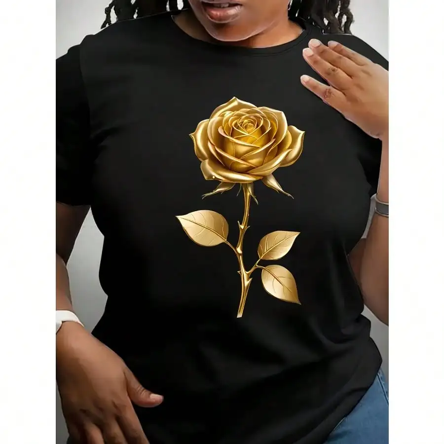 Elegancka koszulka plus size z grafiką złotej róży - żywy żółty krótki rękaw, codzienna koszulka z okrągłym dekoltem dla kobiet, możliwość prania w pralce